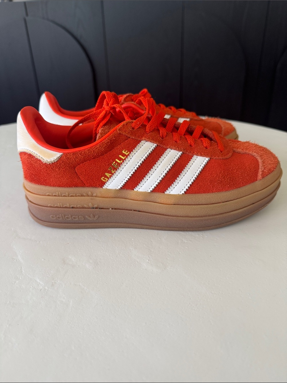 adidas Gazelle Platform Suede Sneakers in Red-Orange and White